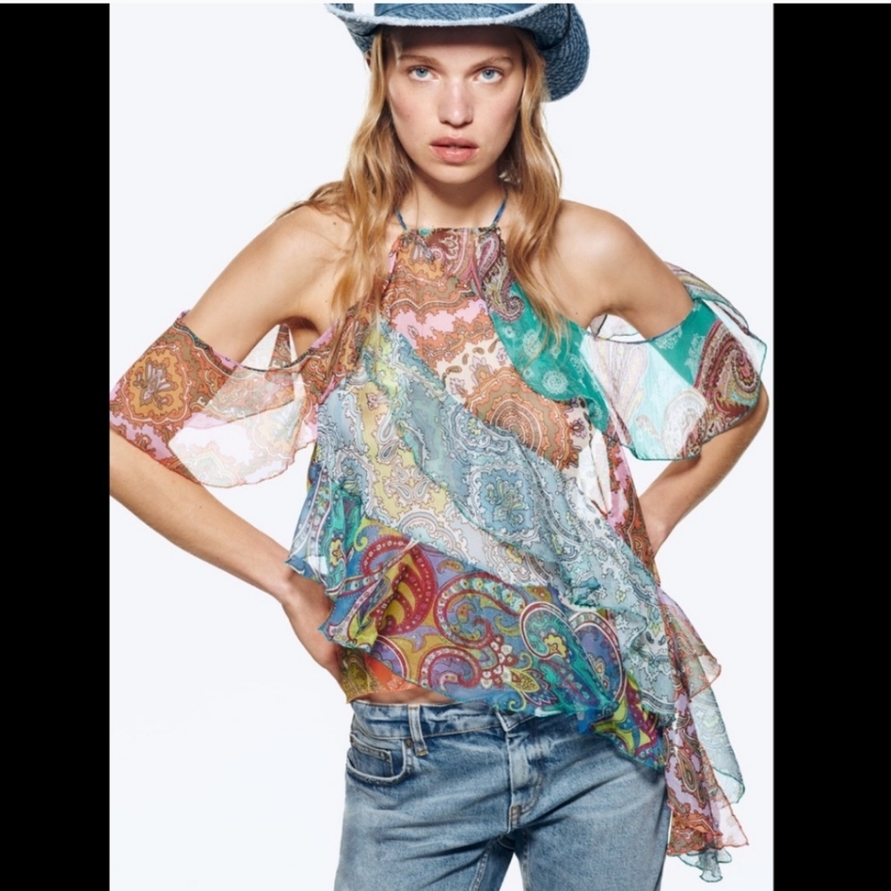 Zara Teal Multicolor Paisley Cold-Shoulder Halter Blouse